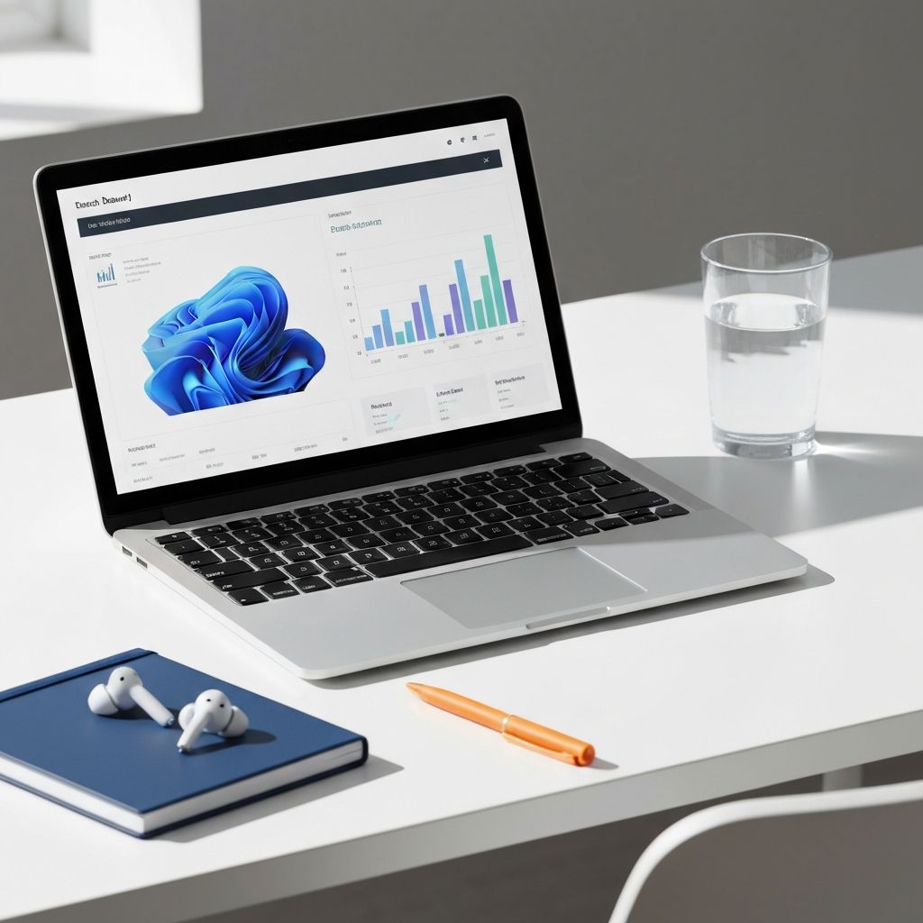 Modern business workspace with analytics dashboard
